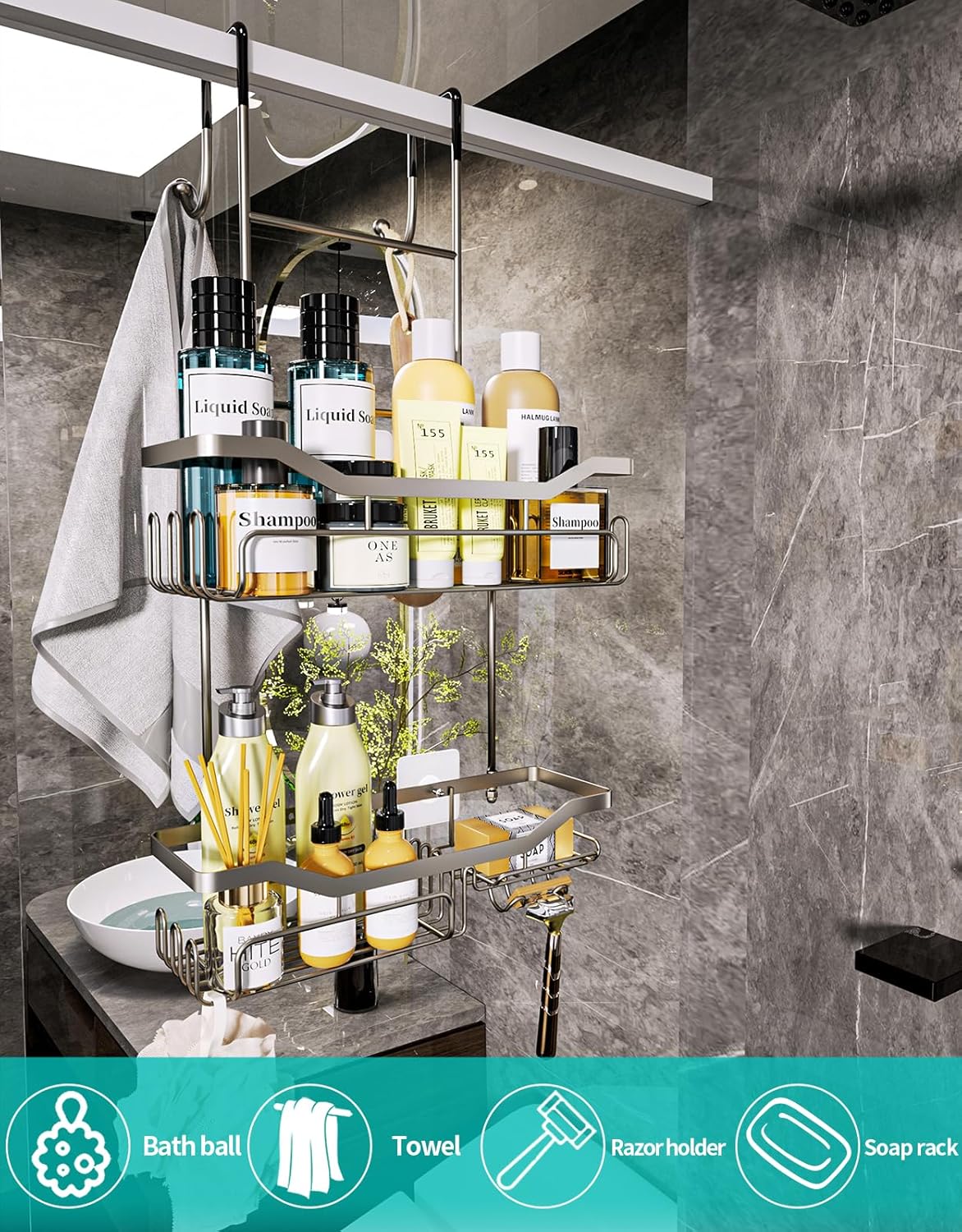 HapiRm Hanging Shower Caddy Over the Door with Soap Holder, No Drilling Adhesive Shower Organizer with 11 Hooks, Rustproof & Waterproof 304 Stainless Steel Bathroom Shelves - Brushed Nickel