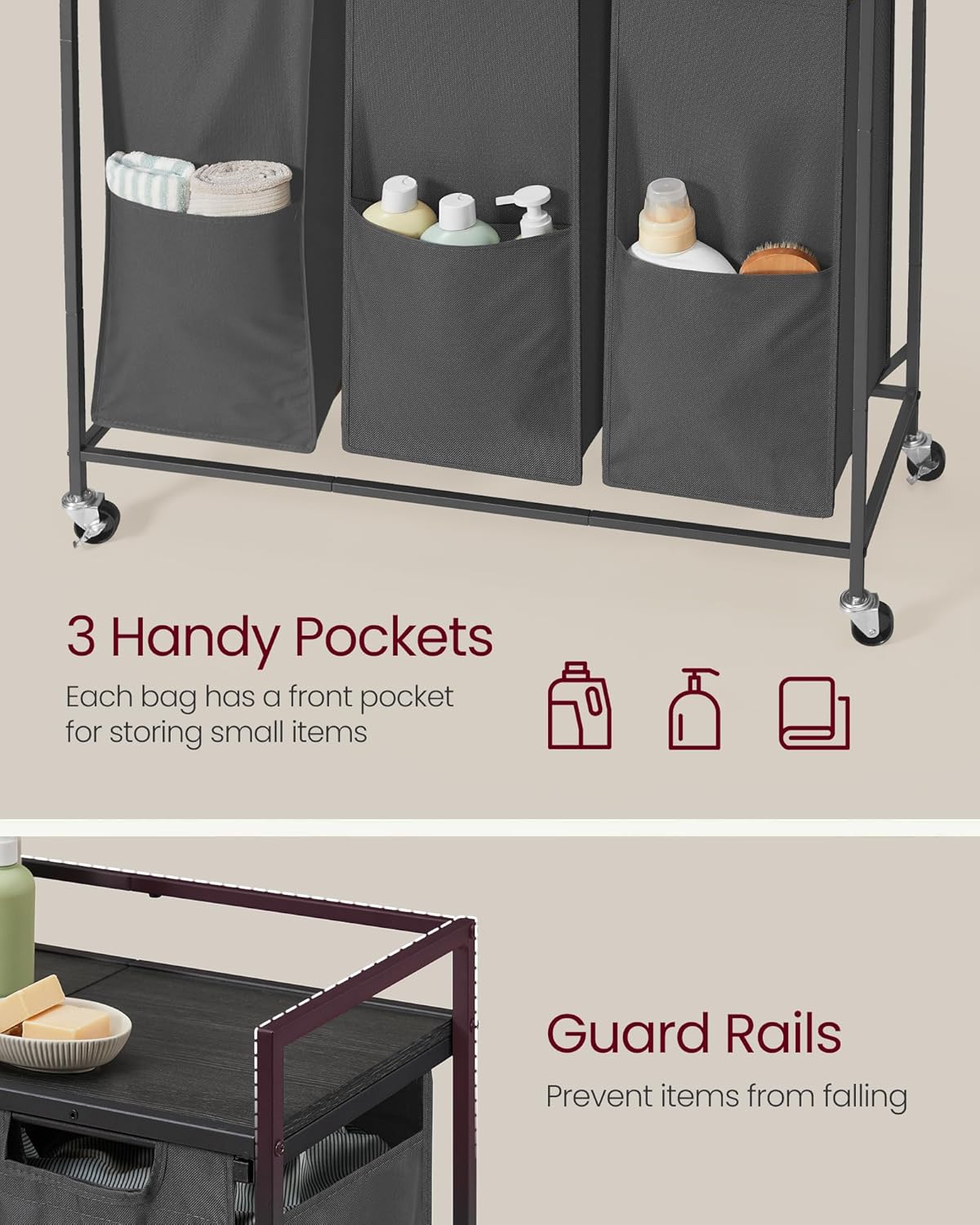 VASAGLE Laundry Sorter, 43.5 Gal. (165 L) Laundry Hamper Basket with 3 Compartments, Rolling Cart with Wheels, Shelf, Removable Bags, Pockets, Slate Gray and Charcoal Gray UBLH031G01