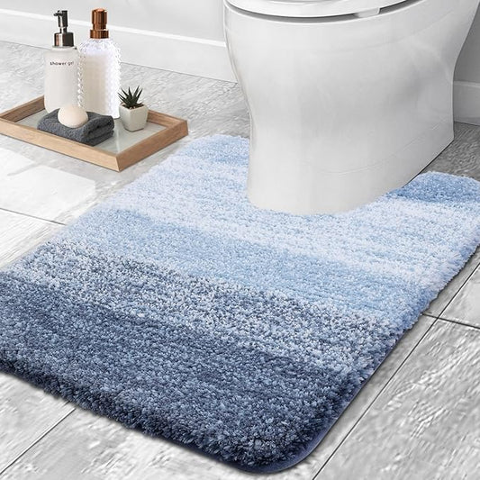 OLANLY Luxury Toilet Rugs U-Shaped 24x20, Extra Soft and Absorbent Microfiber Bathroom Rugs, Non-Slip Plush Shaggy Bath Mat, Machine Wash Dry, Contour Bathroom Mats for Toilet Base, Blue