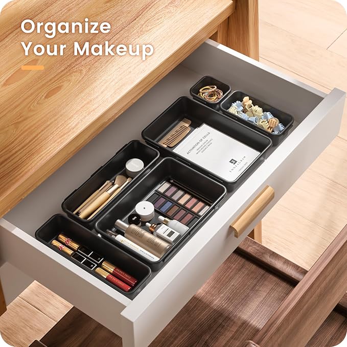 A-LuGei 【𝟮𝟴𝗣𝗖𝗦】 【𝟱𝗦𝗶𝘇𝗲】 Black Drawer Organizer, Makeup organizer, 【Holds 177 Items】 Bathroom Organizers and Storage, Plastic Desk Organizer Divider, Organizer Bins for Office Vanity