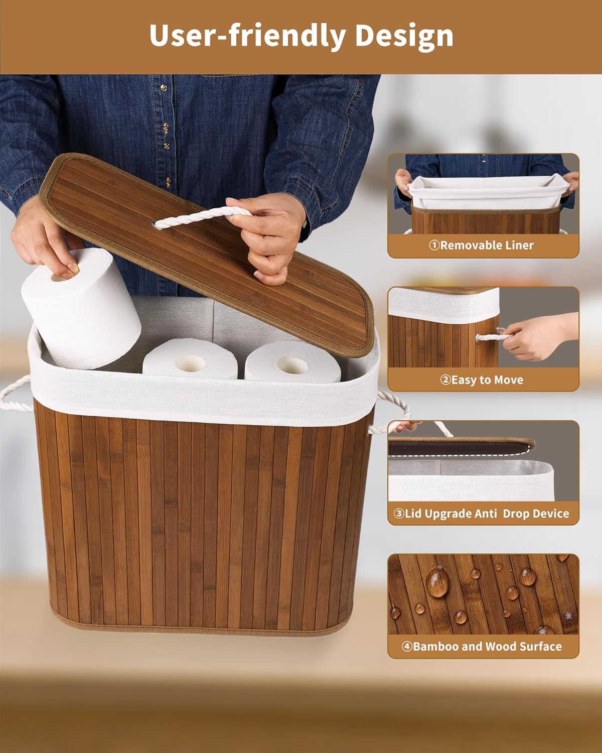 Bamboo Toilet Paper Storage with Lid & Handel, 8 Gallons (30L), Sturdy Toilet Paper Basket, Organizer for Bathroom, Kitchen, Holder with Storage, Walnut