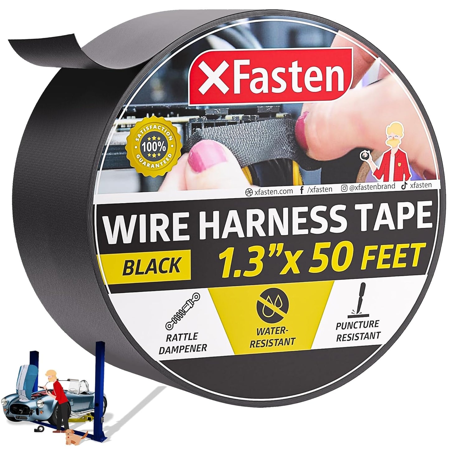 XFasten Wire Harness Tape, 1.3-Inch x 50-Foot, High Temp Wiring Loom Harness, Self-Adhesive Felt Cloth Electrical Tape for Automotive Engines, Noise Dampening, and Cable Protection