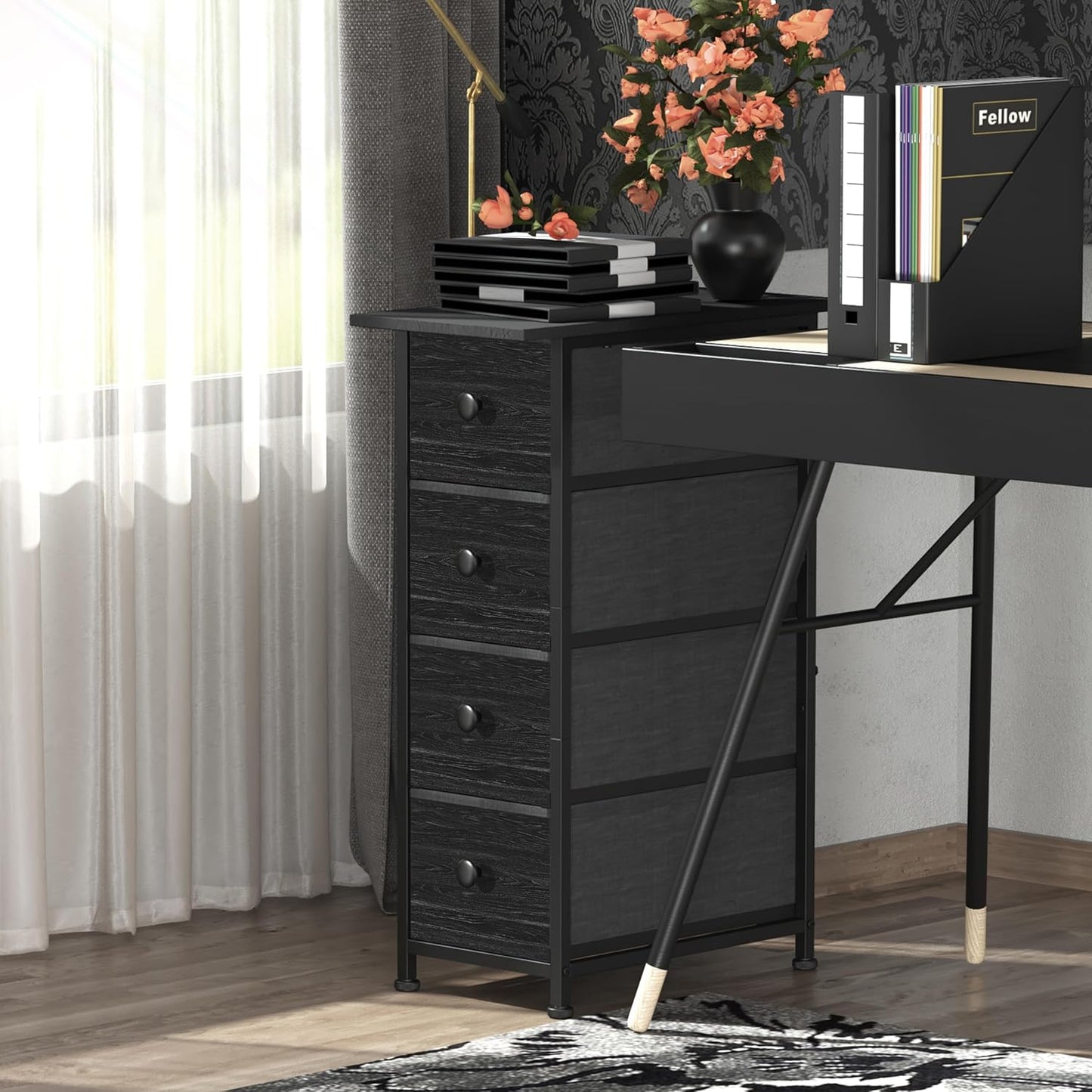 GiftGo Narrow Dresser Vertical Slim Dresser Chest of Drawers Skinny Storage Tower for Small Spaces Gaps Closet Bedroom Bathroom Small Fabric Drawer Unit (Charcoal Black, 4 Drawers)