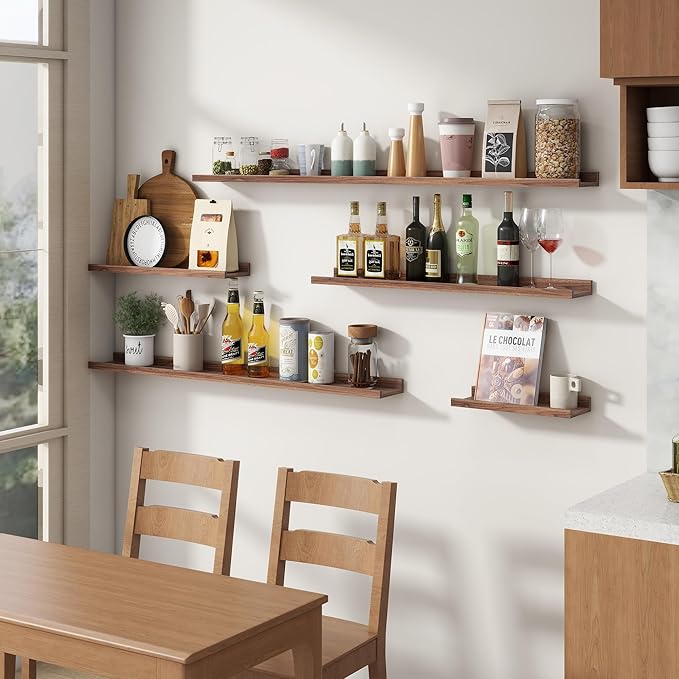 48 Inch Walnut Modern Wall-Mounted Wooden Picture Ledge Bookshelf Set of 4, Floating Shelves