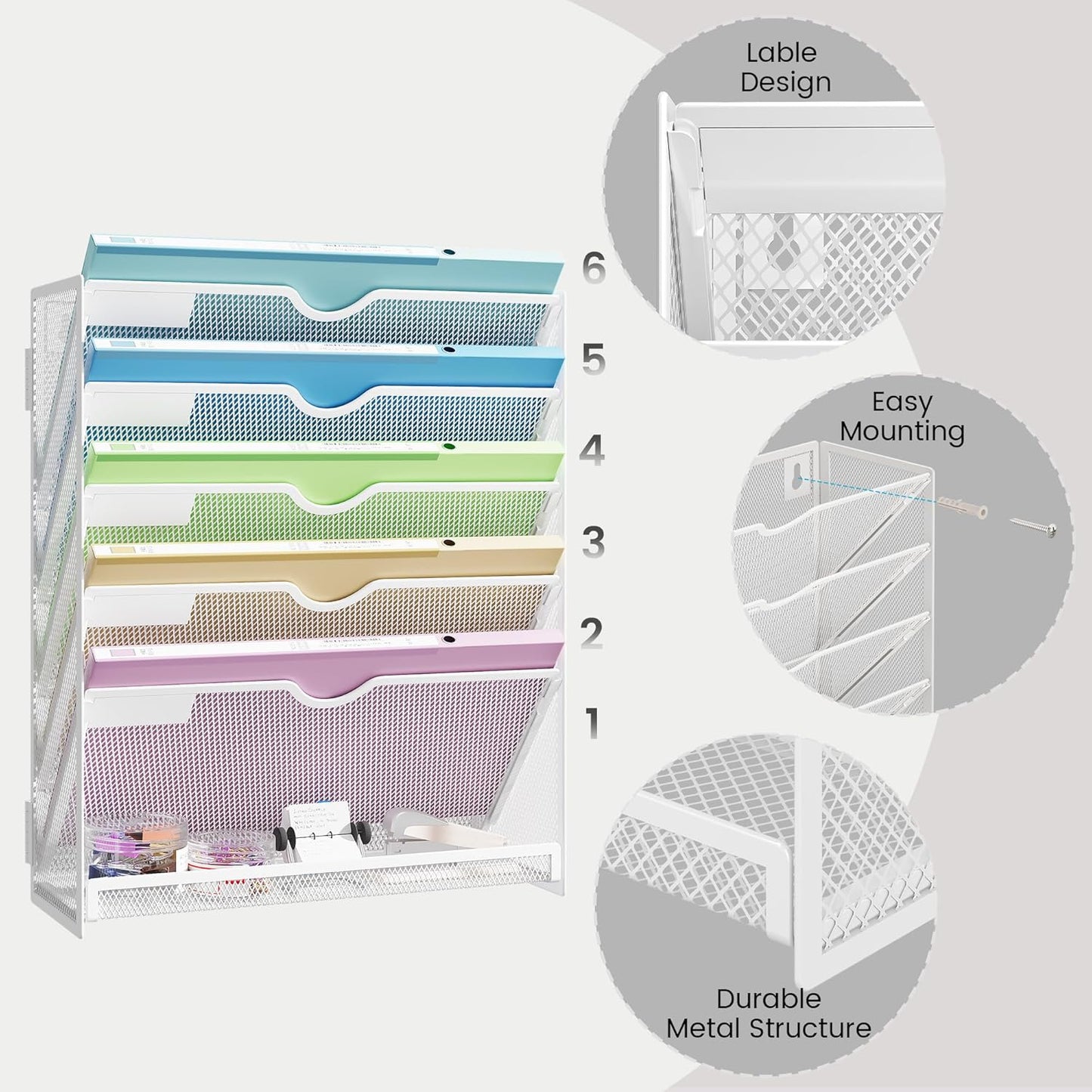 Hanging Wall File Organizer Mesh 6 Tier Wall Mounted Mail Paper Folder Holder Document Organization Stand Desk File Organizer Tray for Office & Home Cubicle Countertop-White