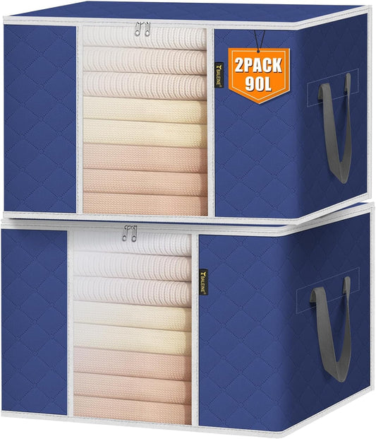 BALEINE 2 Pack Clothes Storage Bags, 24 Gallon Storage Containers with Reinforced Handle, Sturdy Zipper, Closet Organizer for Blanket, Comforter, Pillow, Bedding (Blue, 2 Pack)