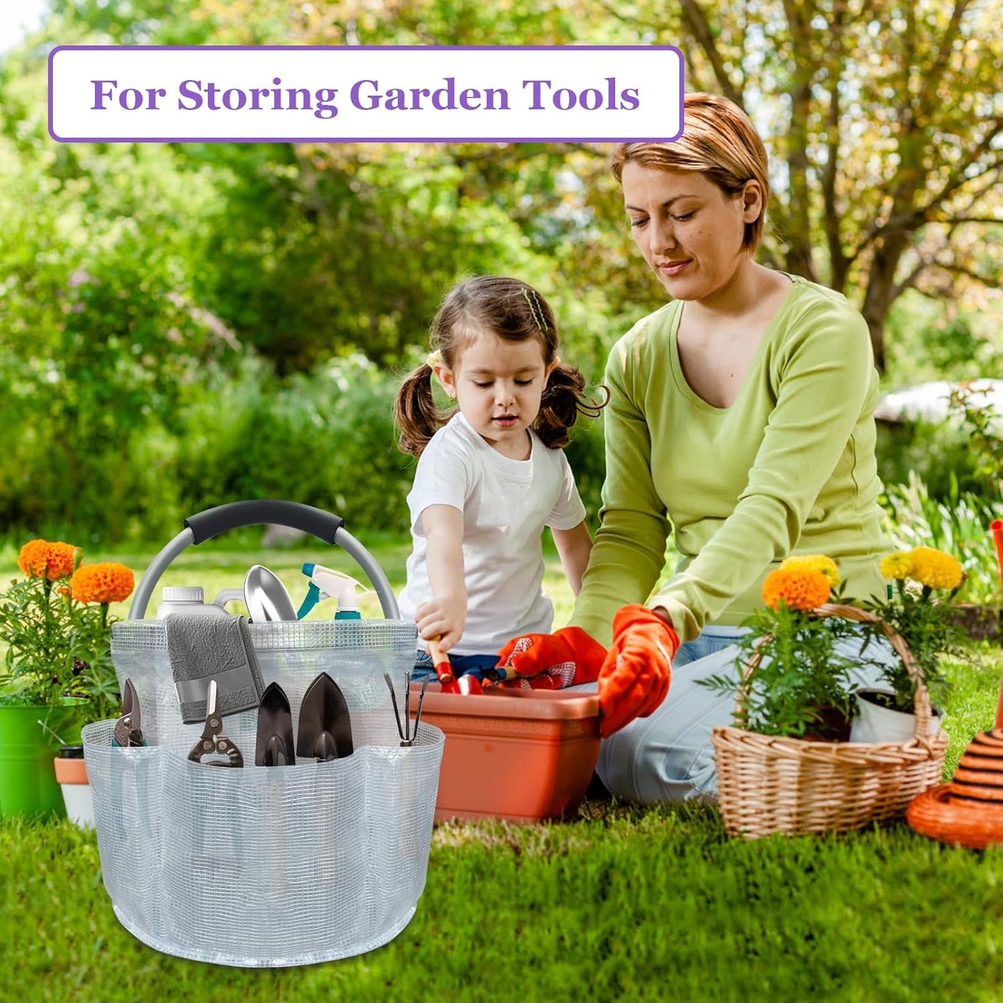 17L Portable Shower Caddy with Handle, Foldable Cleaning Supply Caddy in PVC Resin, Picnic Basket with 6 Side Pockets, Multifunctional Storage Basket for Bathroom, Picnics, Transparent