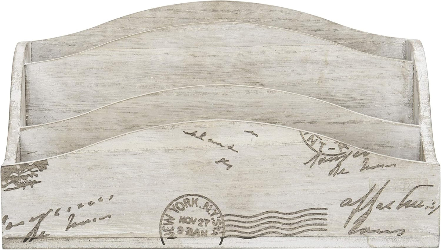 MyGift 3 Slot Vintage Postcard Design Beige Wood Home Countertop Mail Letter Holder, Wooden Office Desk Organizer, File Sorter, Bill Divider, Envelope Storage Bin