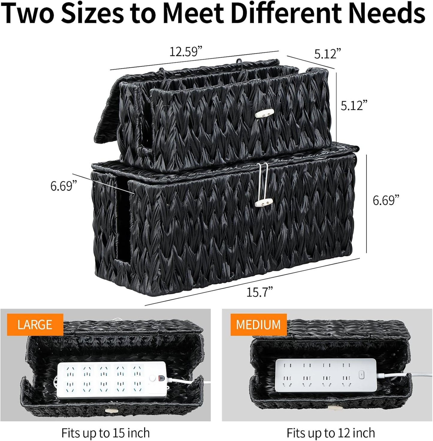 Black Cable Management Box,2 Pack Large & Medium Rattan Cable Organizer Box for Power Strip,2 Open Slots Cords Hider Box for TV Wires, Computer, Router, USB Hub and Under Desk Power Strip