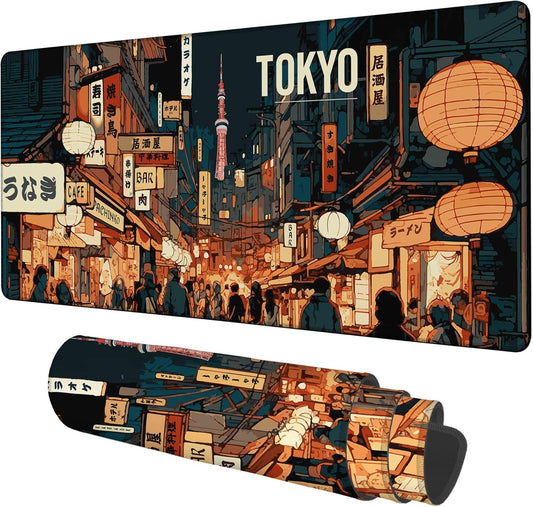 Gaming Desk Pad Large Extra Length Tokyo Japan Mouse Pad Keyboard Laptop Non-Slip Waterproof with Rubber Base Thick Stitched Edge Mouse Mat for Office Home 35.4 x 15.7 Inches