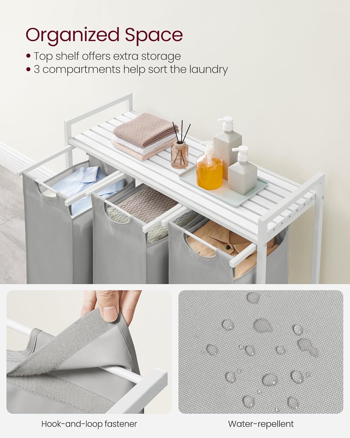 VASAGLE Laundry Hamper, Laundry Basket, Laundry Sorter with 3 Pull-Out and Removable Bags, Shelf, Metal Frame, 3 x 10.6 Gallons (40 L), 36.4 x 13 x 28.4 Inches, Dove Gray and Cloud White UBLH301W03