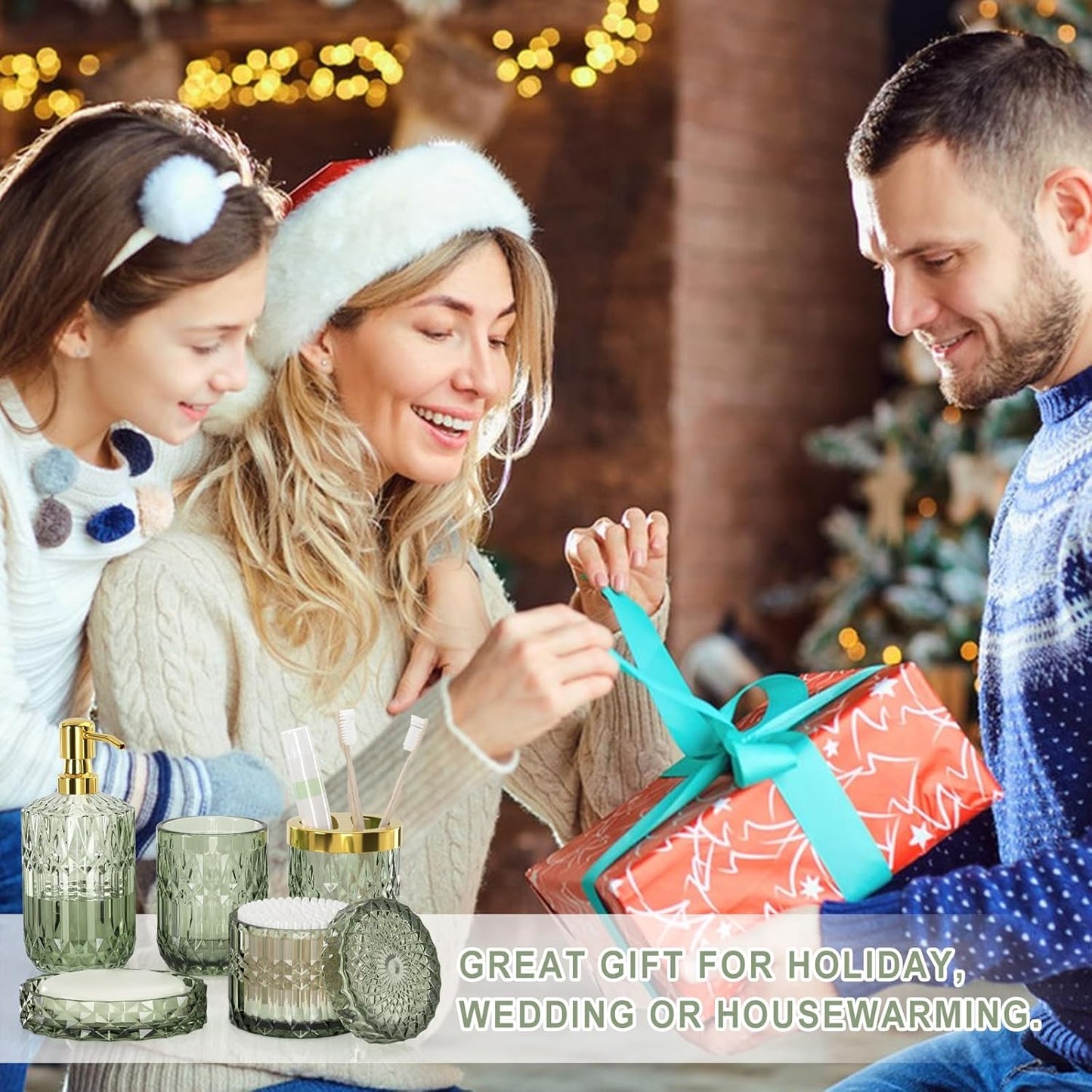 Green Bathroom Accessories Set, 5Pcs Clear Glass Green Accessories with Lotion Soap Dispenser, Soap Dish, Toothbrush Holder, Tumbler, Cotton Swab Jar, Modern Bathroom Decor Crystal Vintage Gift