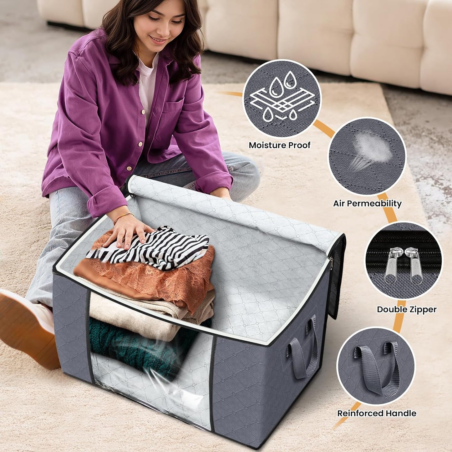 Fab totes 24 Gallons Clothes Storage, Foldable Thick Fabric Blanket Storage Bags, Containers for Organizing Bedroom, Closet, Clothing, Comforter, Organization with Handle (8 Pack,Grey)