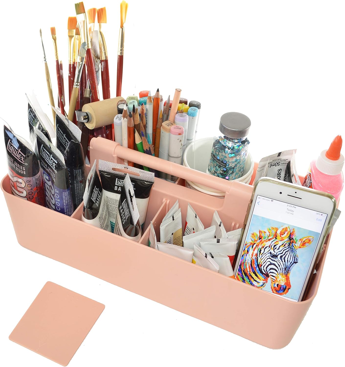 Portable Caddy Organizer -2 Stackable Plastic Caddy with Handle | Desk, Makeup, Dorm Caddy, Classroom Art Organizers (Made In Usa) (Ivory/Indie Pink)