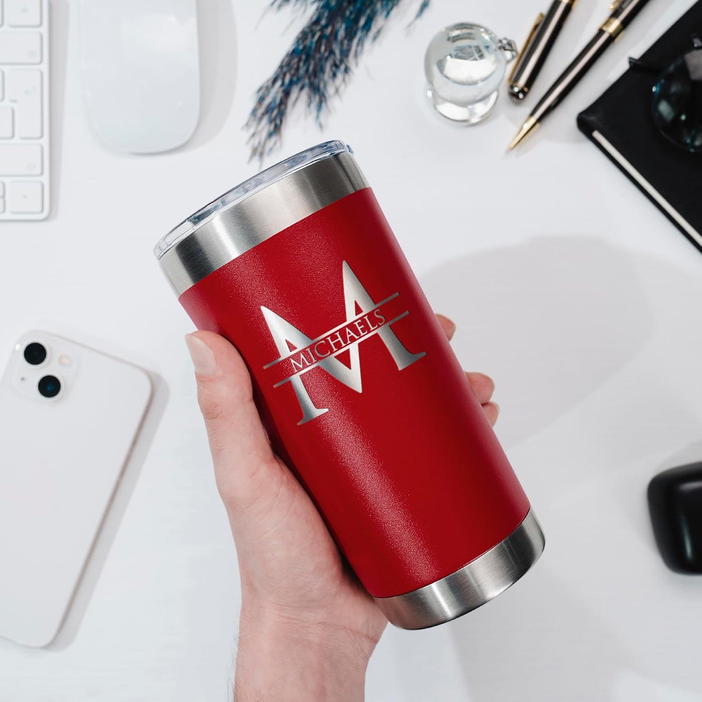 Be Burgundy Personalized Tumbler with Engraved Name - 12 Designs, 30 Oz Coffee Tumbler with Slider Lid, Red, Double Wall Insulated - Gifts for Mom, Women, Personalized Gift for Her