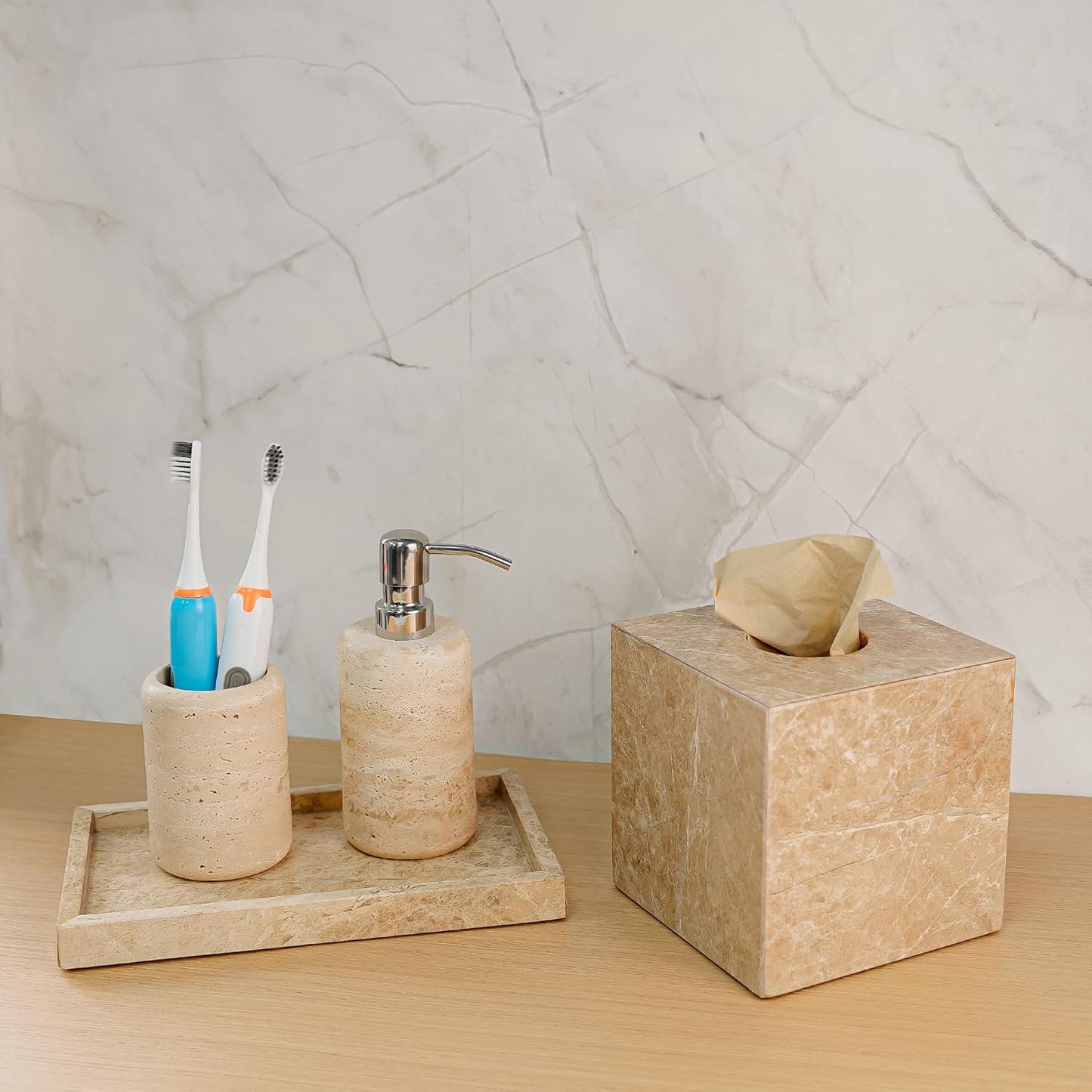 WORHE Italy Natural Marble Vanity Tray for Jewelry, Perfume, Makeup, Candle, Modern Decorative Trays for Bathroom Bedroom Dresser Rectangle Kitchen Storage Organizer for Home Decor Light Brown (WH038)