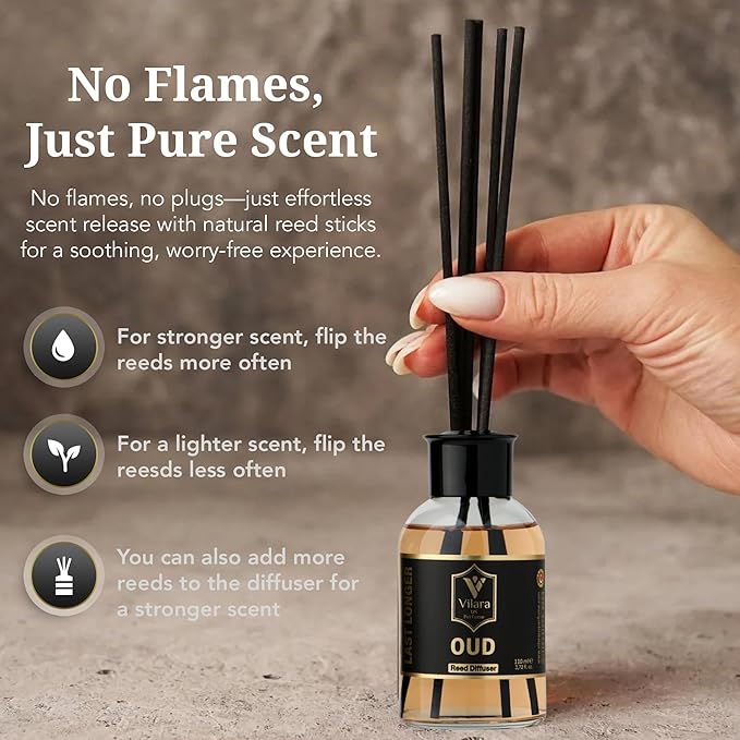 Luxury Reed Diffuser Set - 110ml Aromatherapy Diffuser with Natural Sticks, Aesthetic Room Decor, Long-Lasting Air Freshener for Home, Bathroom, and Office, Essential Oil Stick Diffuse (Oud Pack)