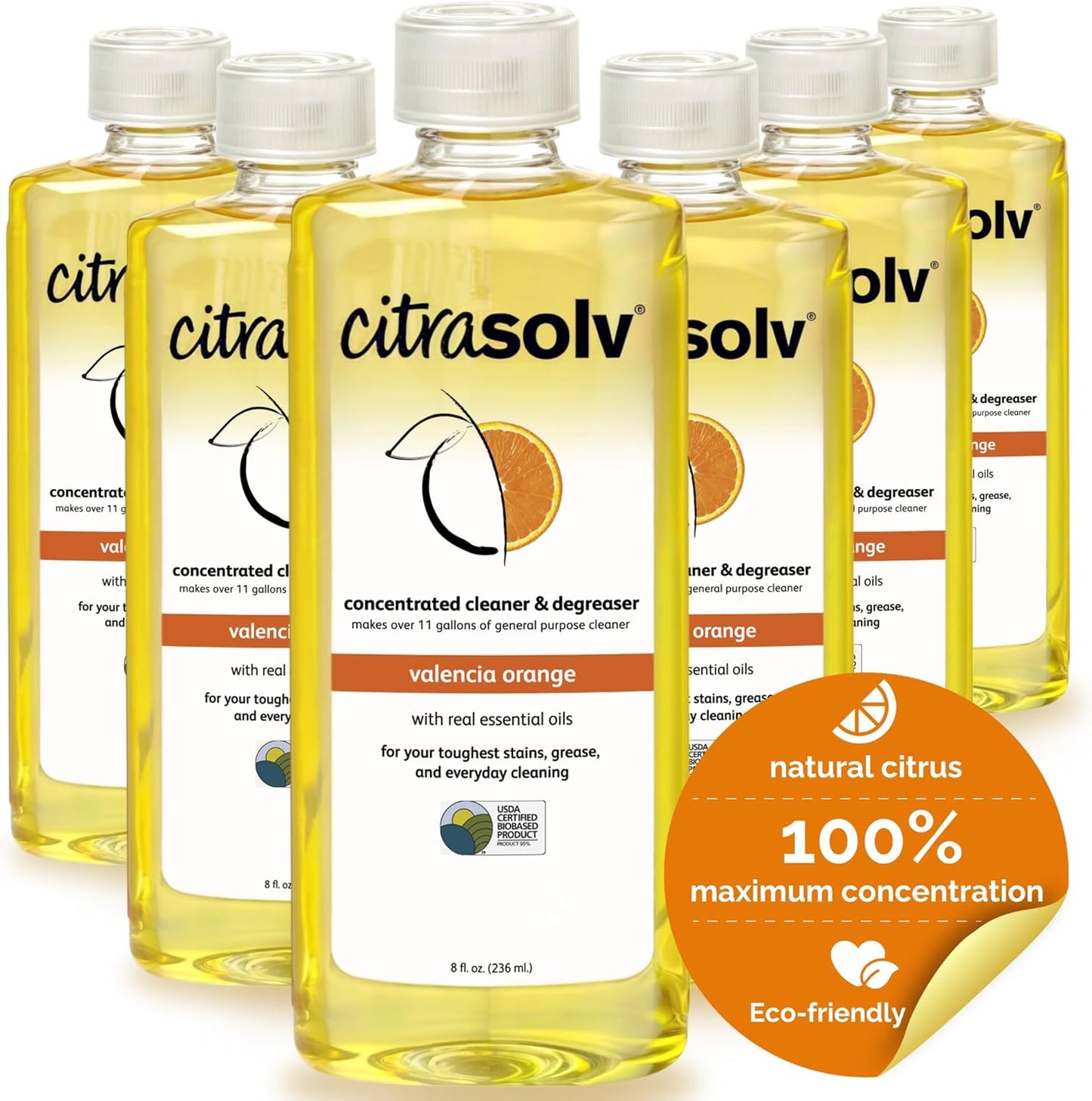 Citra Solv Concentrated Household Cleaner & Degreaser -Valencia Orange Scent 8 fl oz Safe, Effective, and Versatile Cleaning Solution, Natural Ingredients Non Toxic,Biodegradable, Made in USA 6PK