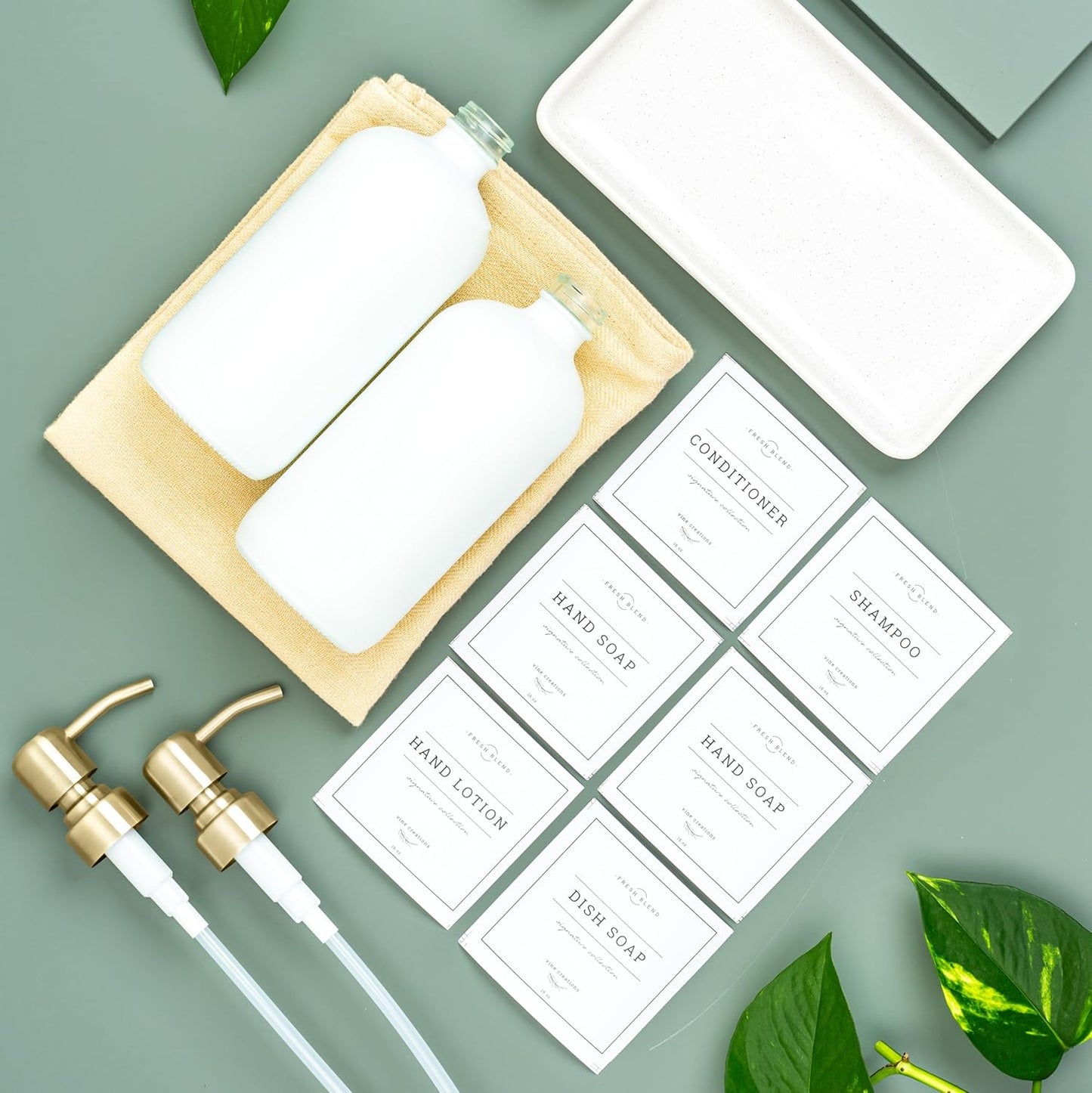 Vine Creations Glass Soap Dispenser, 2 Pack Kitchen Soap Dispenser Set with Ceramic Tray, Stainless Steel Pump, Dish Soap and Hand Soap Dispensers for Bathroom or Kitchen Decor with Waterproof Labels