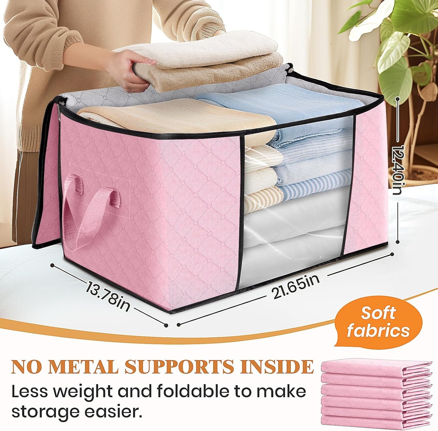 Fab totes 4 Pack Clothes Storage, Foldable Thick Fabric Blanket Storage Bags, Containers for Organizing Bedroom, Closet, Clothing, Comforter, Organization with Handle,Pink