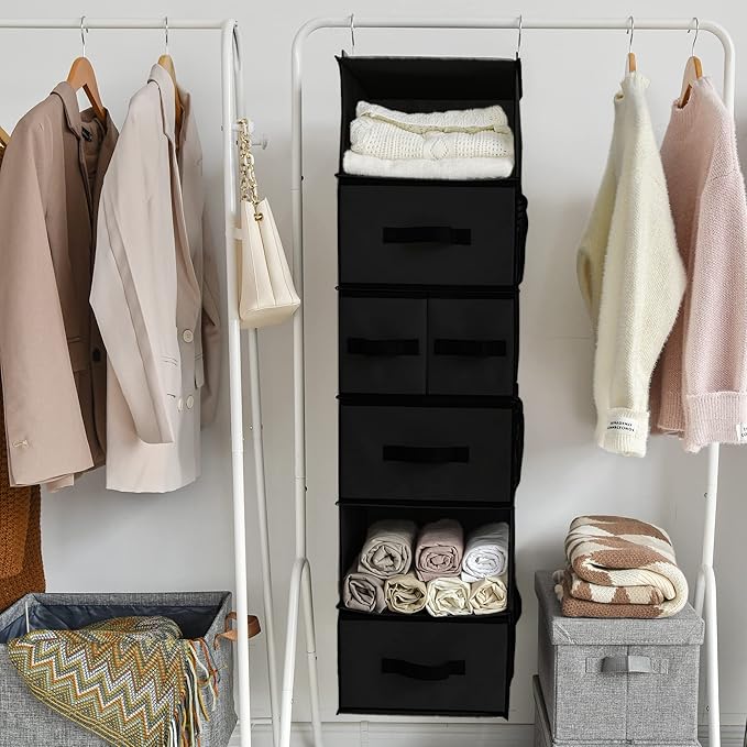 GRANNY SAYS Hanging Closet Organizer 6 Shelves, Closet Organization and Storage with 5 Different Drawers, 6 Side Pockets Wardrobe Clothes Organizer for Closet, Black, 1-Pack