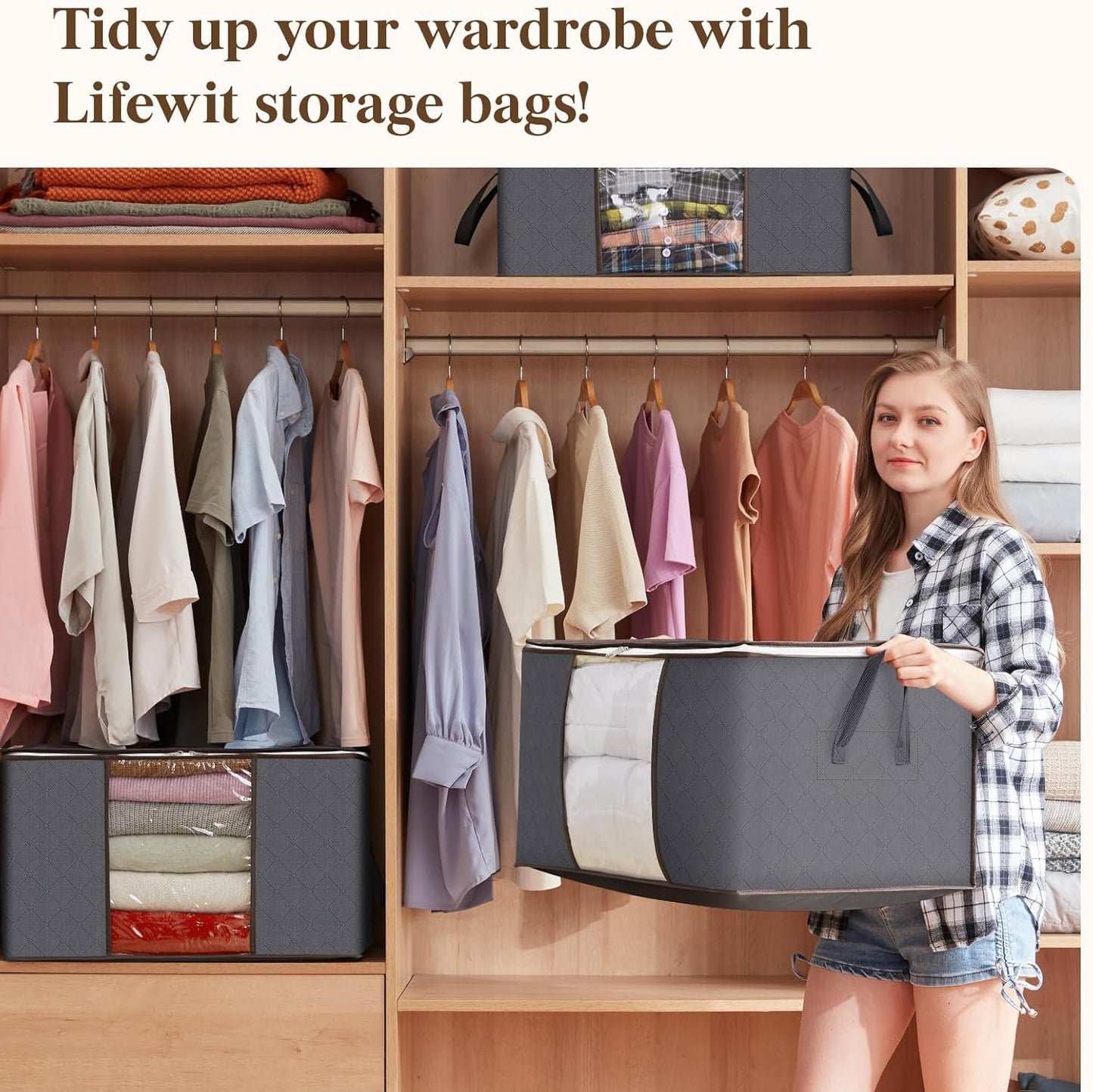 Lifewit 90L Large Storage Bags, Closet Organizers and Storage, Clothes Storage Bins with Lids, Foldable Storage Containers with Reinforced Handles for Clothing, Blanket, Bedding, Comforter 3 Pack Gray