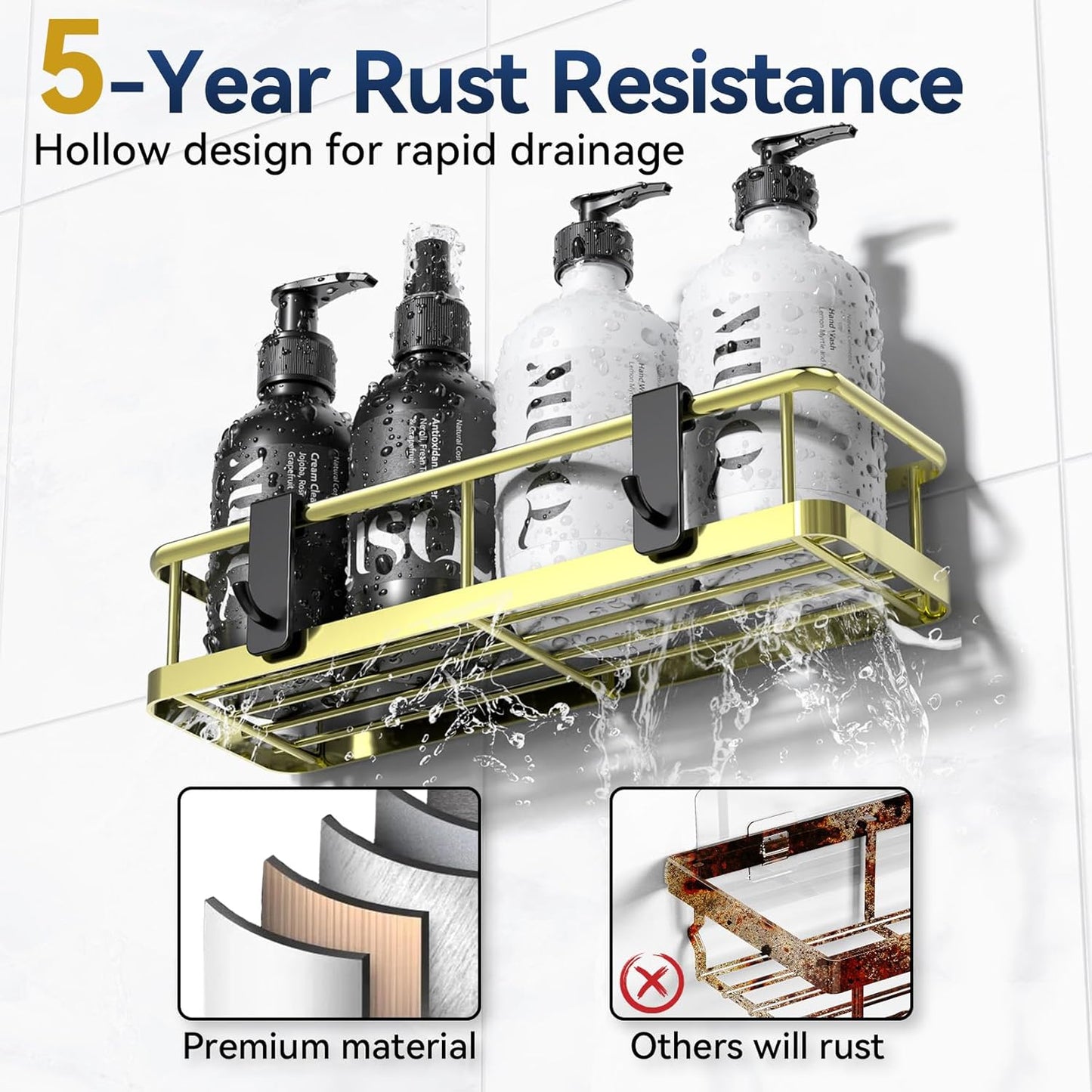 YASONIC Shower Caddy Adhesive, No Drill Bathroom Shower Organizers, with Removable Hooks and Soap Holder, Rust Proof Shower Shelves, Wall-Mounted Shower Holder, 3 Pack, Gold