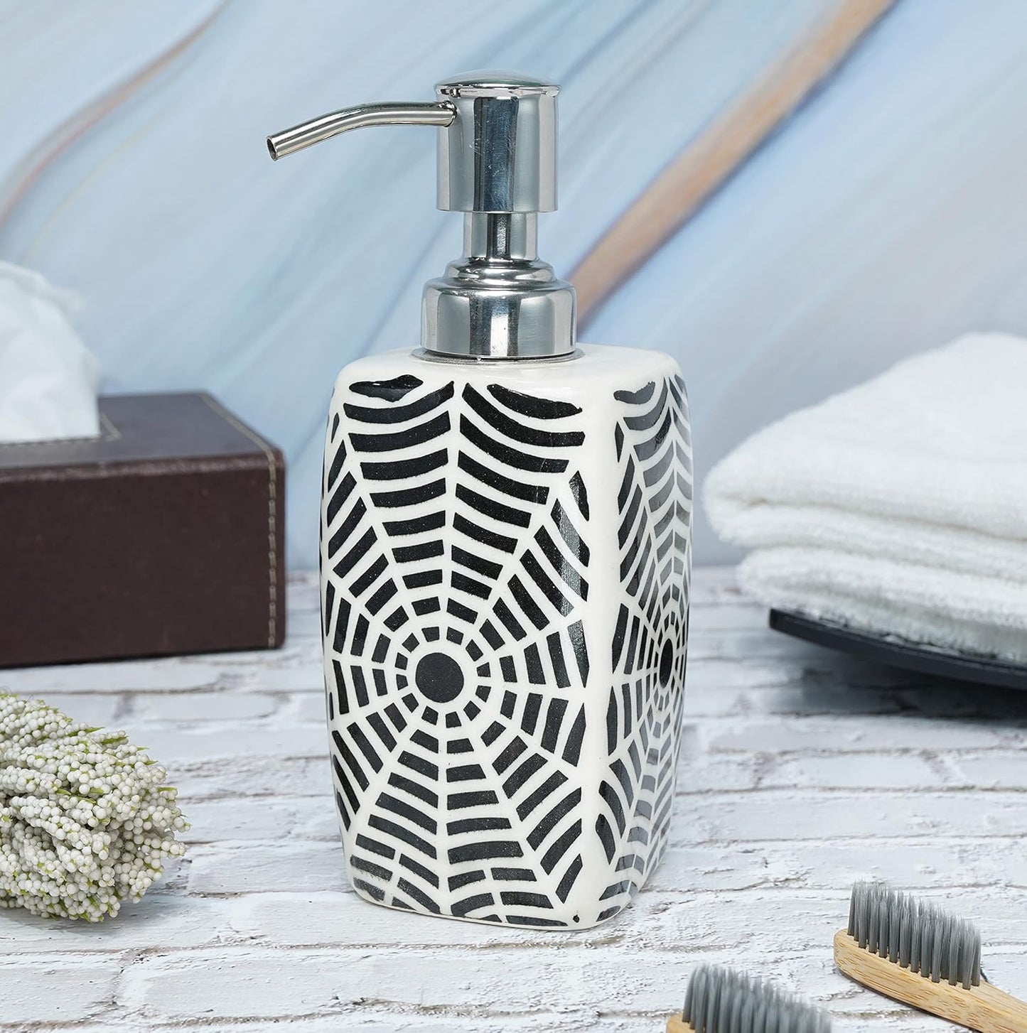 Ceramic Soap Dispenser, Handmade Bathroom Kitchen Decoration, Hand Painted, Countertop Organizer Complete Bath Luxury Accessory 9.5 OZ Refillable Rust Proof Pump Liquid Soap Lotion Dispenser 6.5"
