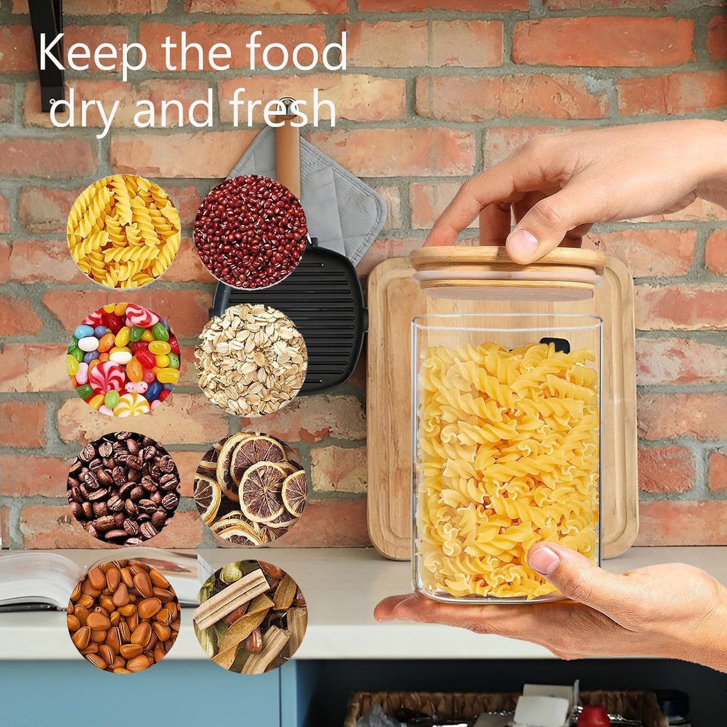 1.2 Qt Square Glass Storage Containers with Lids, glass jar with airtight lid, Glass Canister for Pantry Cookie Flour Cereal Rice Sugar Tea Coffee Beans Spice (Square-4Pack)