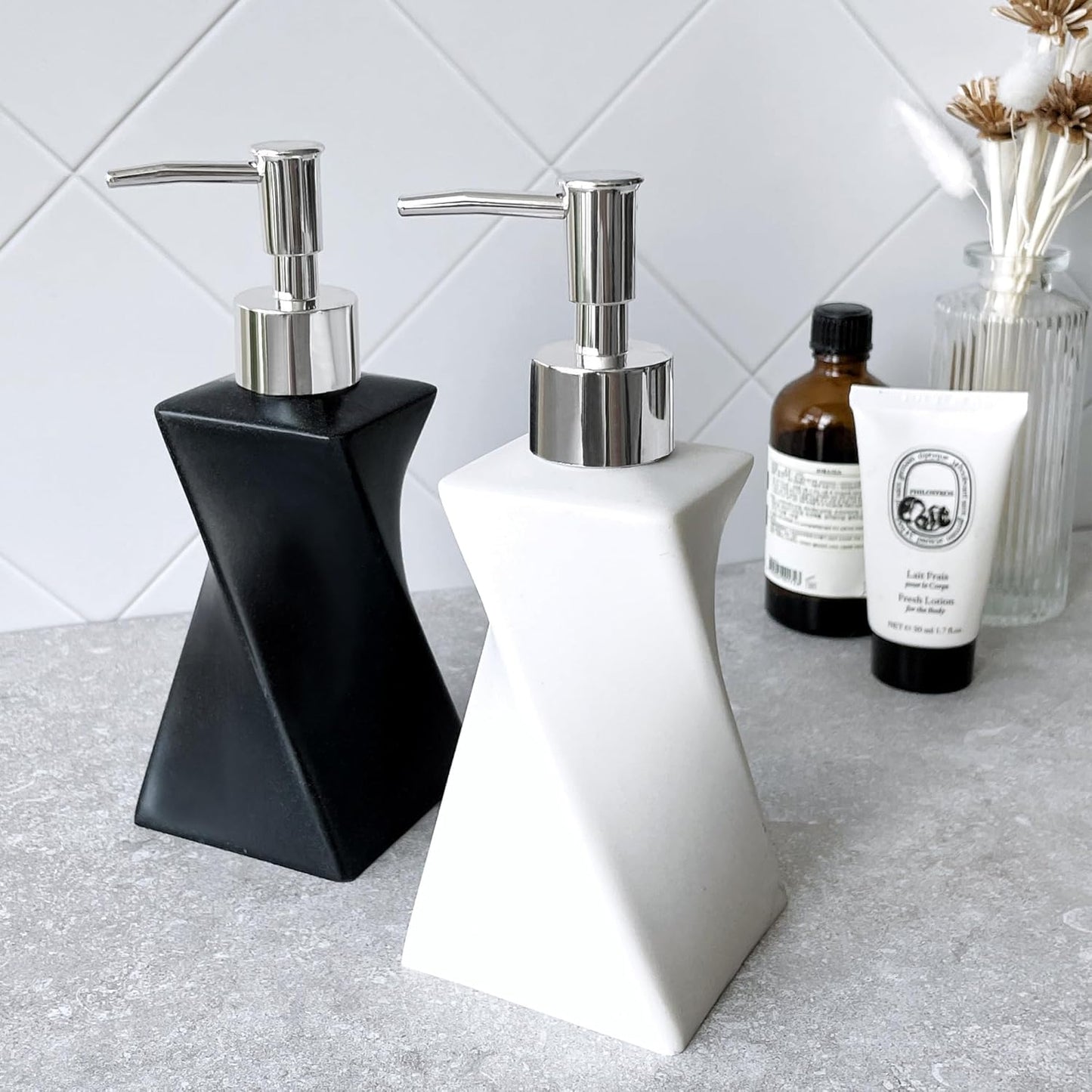2 Pack Modern White & Black Soap Dispenser Set with Silver Pump for Bathroom and Kitchen, Contemporary Art Style, Matte Finish, Rust Proof, 8.5oz