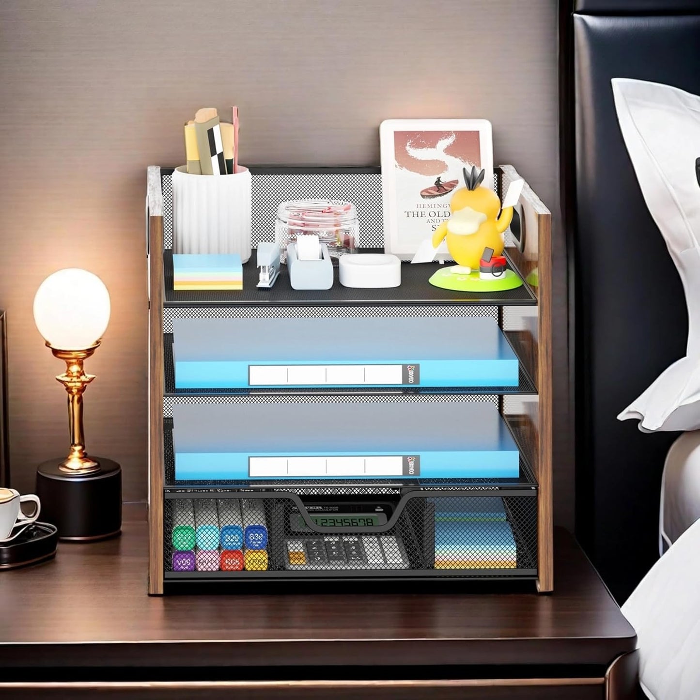 Wood Desk Organizer - 4-Tier Desktop File Organizer with Drawer, Wooden Paper Tray, Office Desk Organizer for Papers, Mail, Notebooks, Stationery