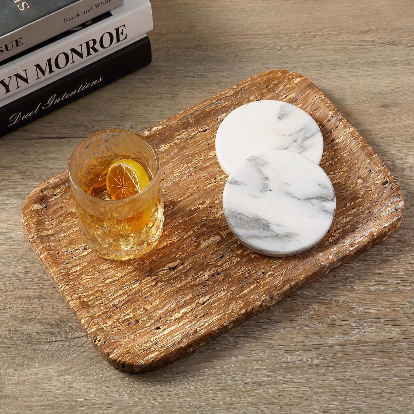 Natural Marble Vanity Tray, 11.8" Travertine/Stone Bathroom Tray Countertop, Golden Stone for Perfume Jewelry Holder, Decorative Dresser Organizer, Storage for Kitchen Sink(Walnut Traver)