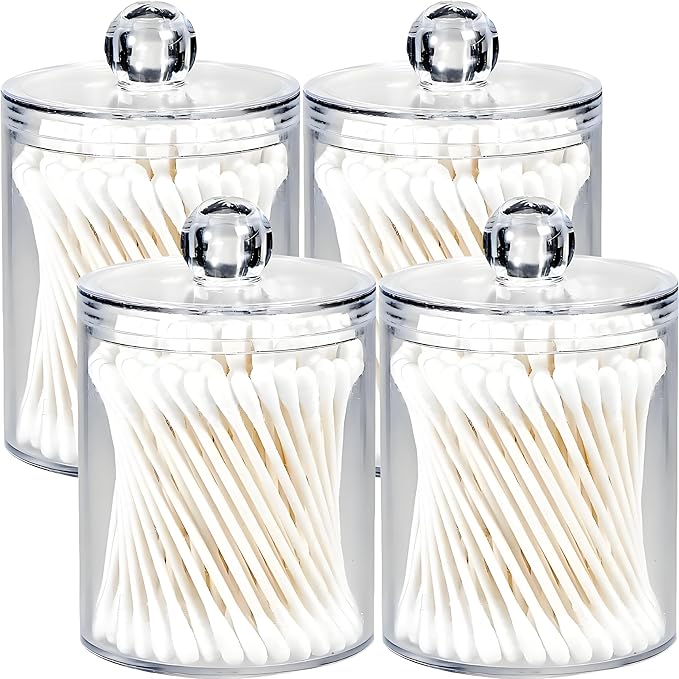 AXX Qtip Dispenser Apothecary Jars Bathroom - Qtip Holder Storage Canister Clear Plastic Jar for Cotton Swab,Q-Tips,Cotton Rounds (Clear 4Pcs)