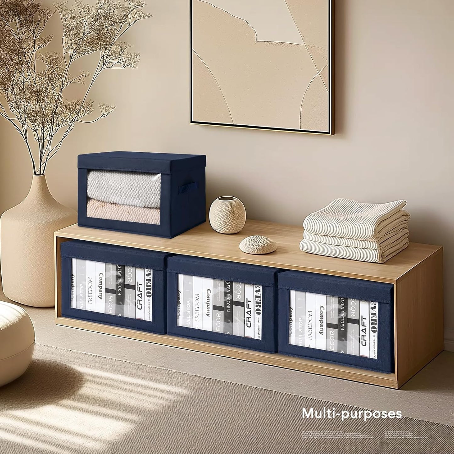 Organizing Bins with Lid - 4 Pack Foldable Clear Window Storage Bins, Large Storage Boxes with Handles, Storage Containers for Clothes, Towel, Blanket, Sheet, Navy Blue