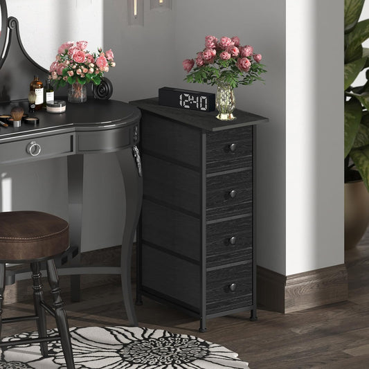 GiftGo Narrow Dresser Vertical Slim Dresser Chest of Drawers Skinny Storage Tower for Small Spaces Gaps Closet Bedroom Bathroom Small Fabric Drawer Unit (Charcoal Black, 4 Drawers)