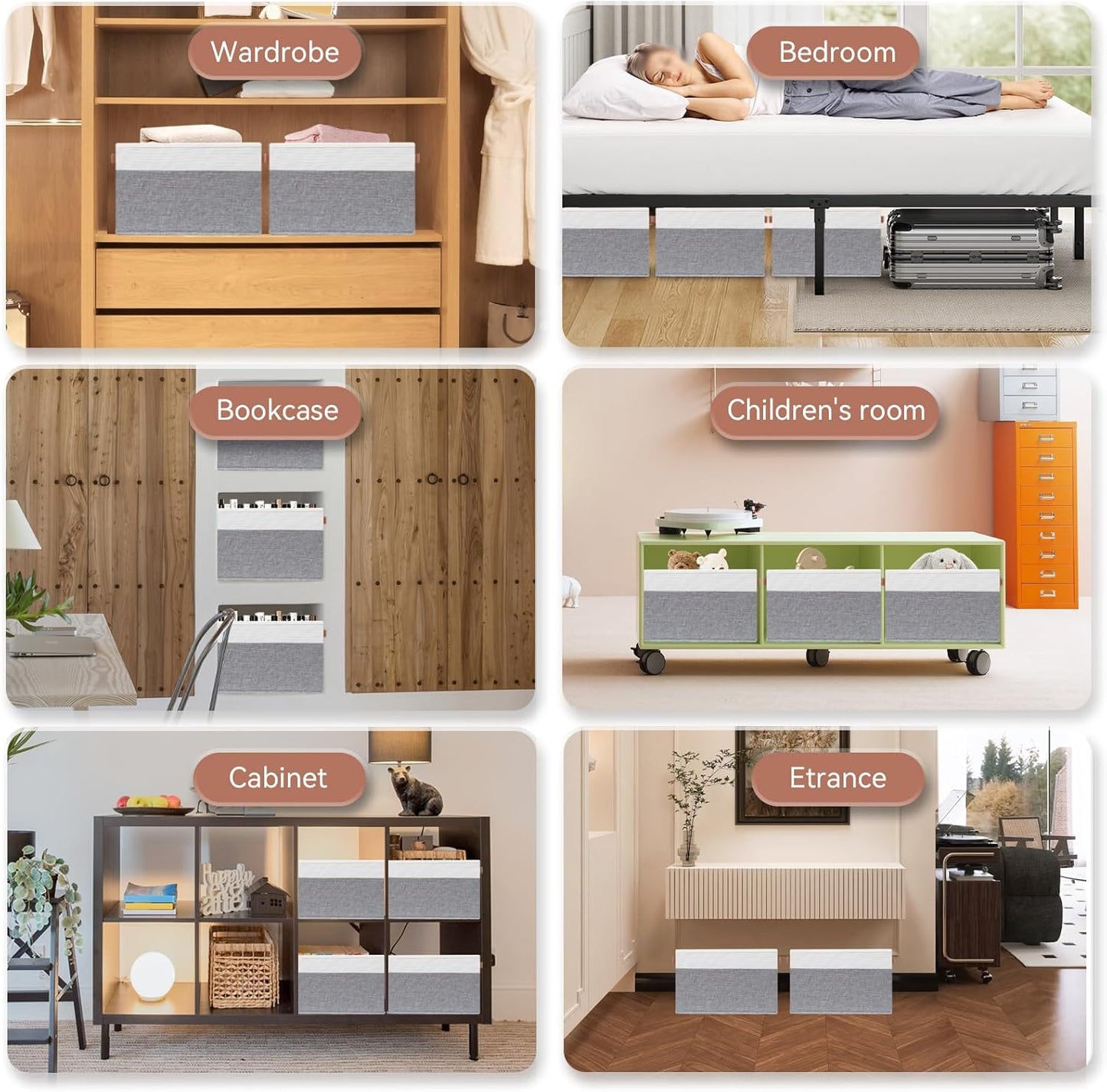 SNWDN 6 Pack Fabric Storage Baskets for Organizing Collapsible Fabric Storage Bins with Handles for Home and Office Organizing (White/Grey 15''Lx10.2''Wx9''H)