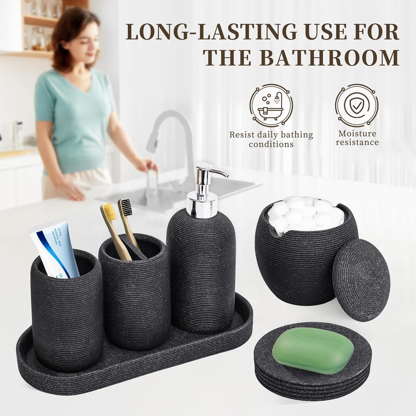 Resin Bathroom Accessory Set - 6PCS Bathroom Accessories Set, Bath Vanity Countertop Accessories with Soap Dish, Lotion Dispenser, Toothbrush Holder, Toothbrush Cup, Vantiy Tray, Qtip Holder (Black)