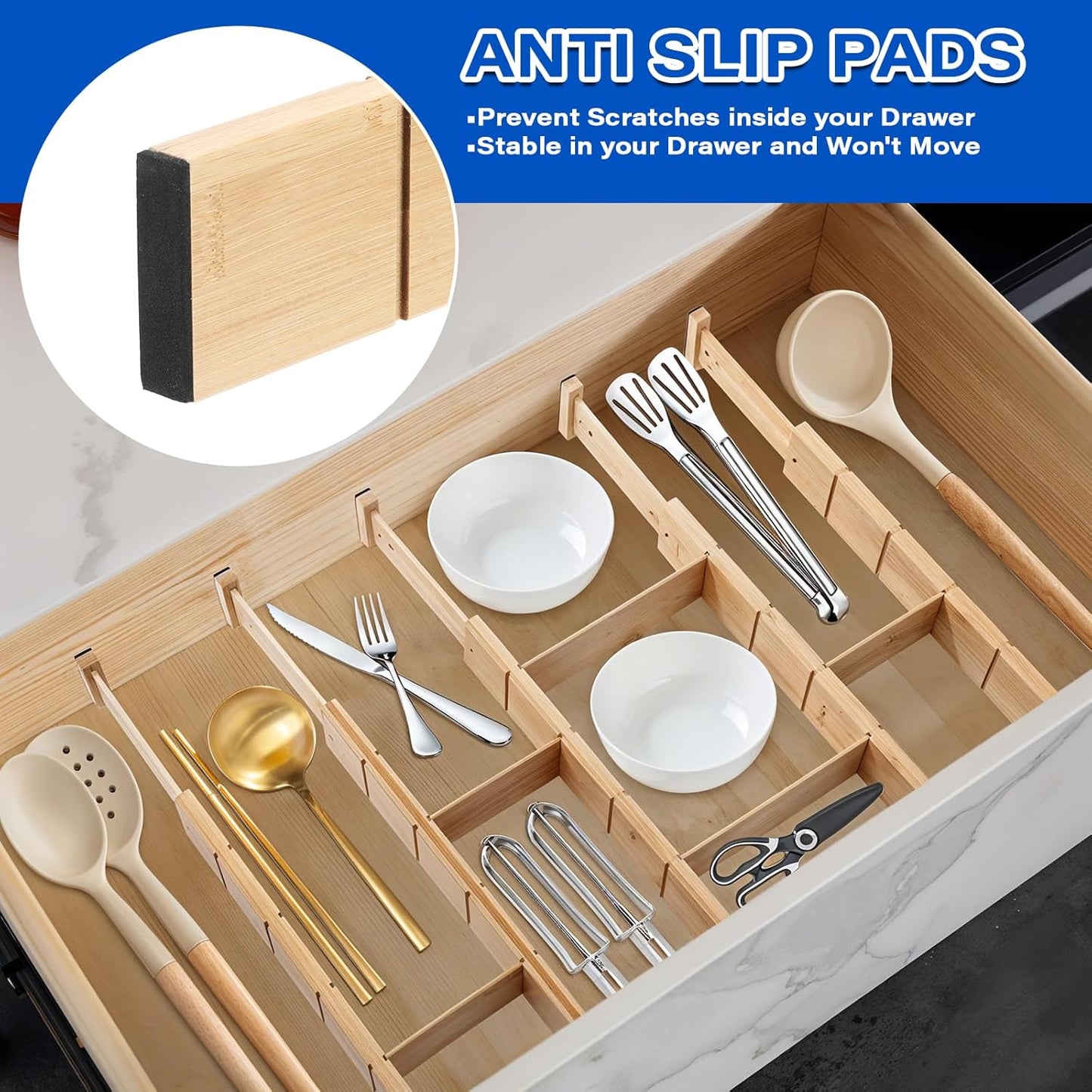 6 Pack Bamboo Drawer Dividers with 12 Inserts Expandable Adjustable 17" to 22" Drawer Organizers Separators for Kitchen, Bedroom, Home, Clothes, Dressers, Office