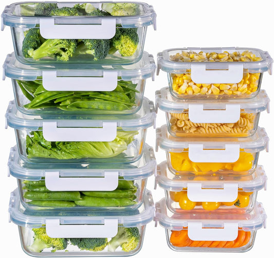 MFY 10-Pack Glass Storage Containers with Lids, Glass Meal Prep Containers Set, Airtight Lunch Containers with Lids, Microwave, Oven, Freezer and Dishwasher Safe, White