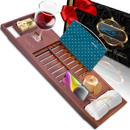 SereneLife Bathtub Tray - Expandable Bath Tray for Tub, Adjustable Bamboo Caddy with with Non-Slip Handles, Device Holder and Wine Glass Slot for Bathing Luxury (Brown, Soft Back, Gift Set)
