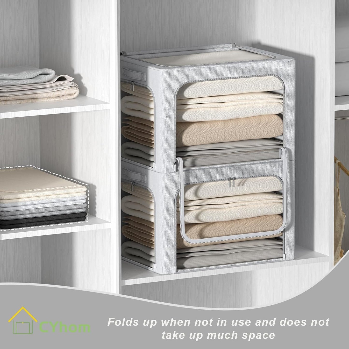 CYhom 3Pack Classic Stackable Foldable Storage Bin - Metal Frame Storage Box with Clear Window, Carry Handles (66L-19.7x15.7x13in, Light Grey)