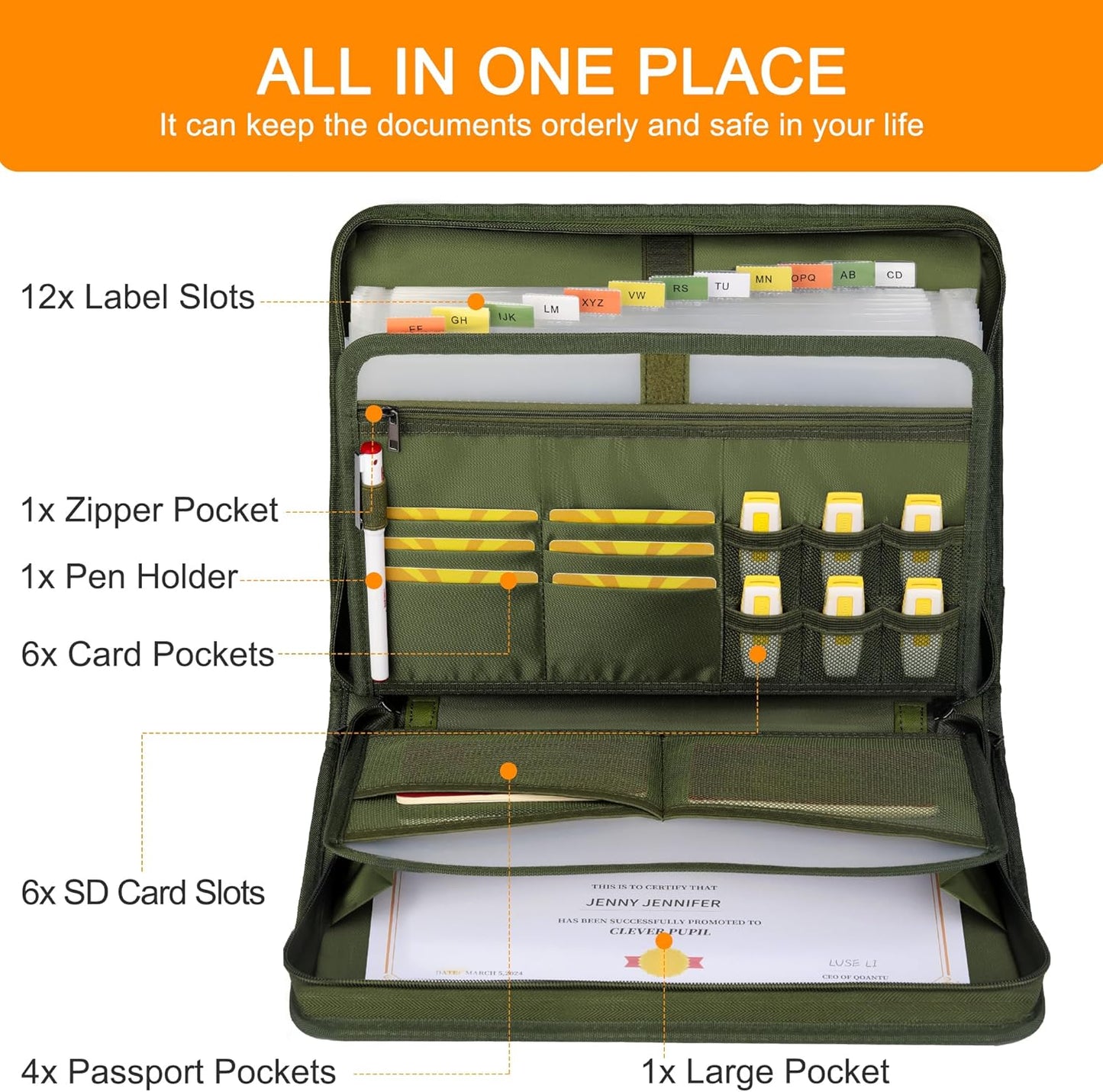 Accordion File Organizer,13 Pockets Fireproof Expanding File Folder with Multi Pockets,Portable Business Fire Safe Storage Document Organizer Folder with Zipper for Documents and File,Green