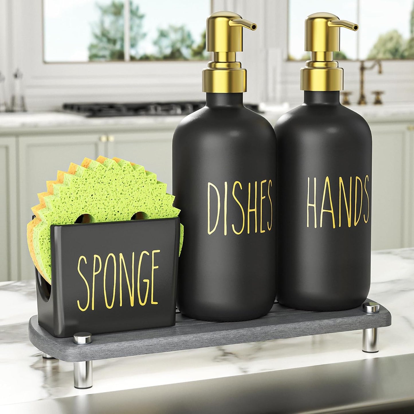 Cisily Kitchen Soap Dispenser Set Comes with Ceramics Sponge Holder, Gold Pumps, and Instant Dry Tray, Hand and Dish Soap Dispenser Set Suitable for Kitchen Decor and Accessories(Black & Gold)