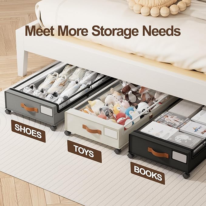 LAMU 2 Pack Under Bed Storage with Wheels, 60L Large Lapacity UnderBed Storage Containers with Clear Lid and Handles, Under the Bed Storage Bins Drawers for Clothes, Blankets, Shoes, Books, Beige