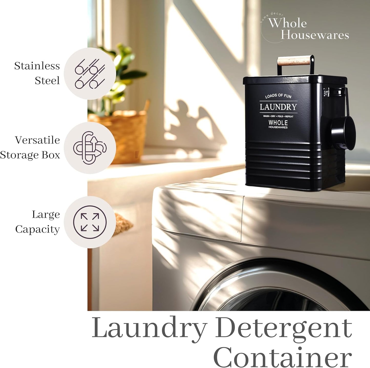 Whole Housewares Laundry Detergent Container - Tin Farmhouse Metal Laundry Powder Soap Dispenser With Scooper, Airtight Lid And Handles - Vintage Soap Pod Holder Storage Bin With Lid And Scent Holders