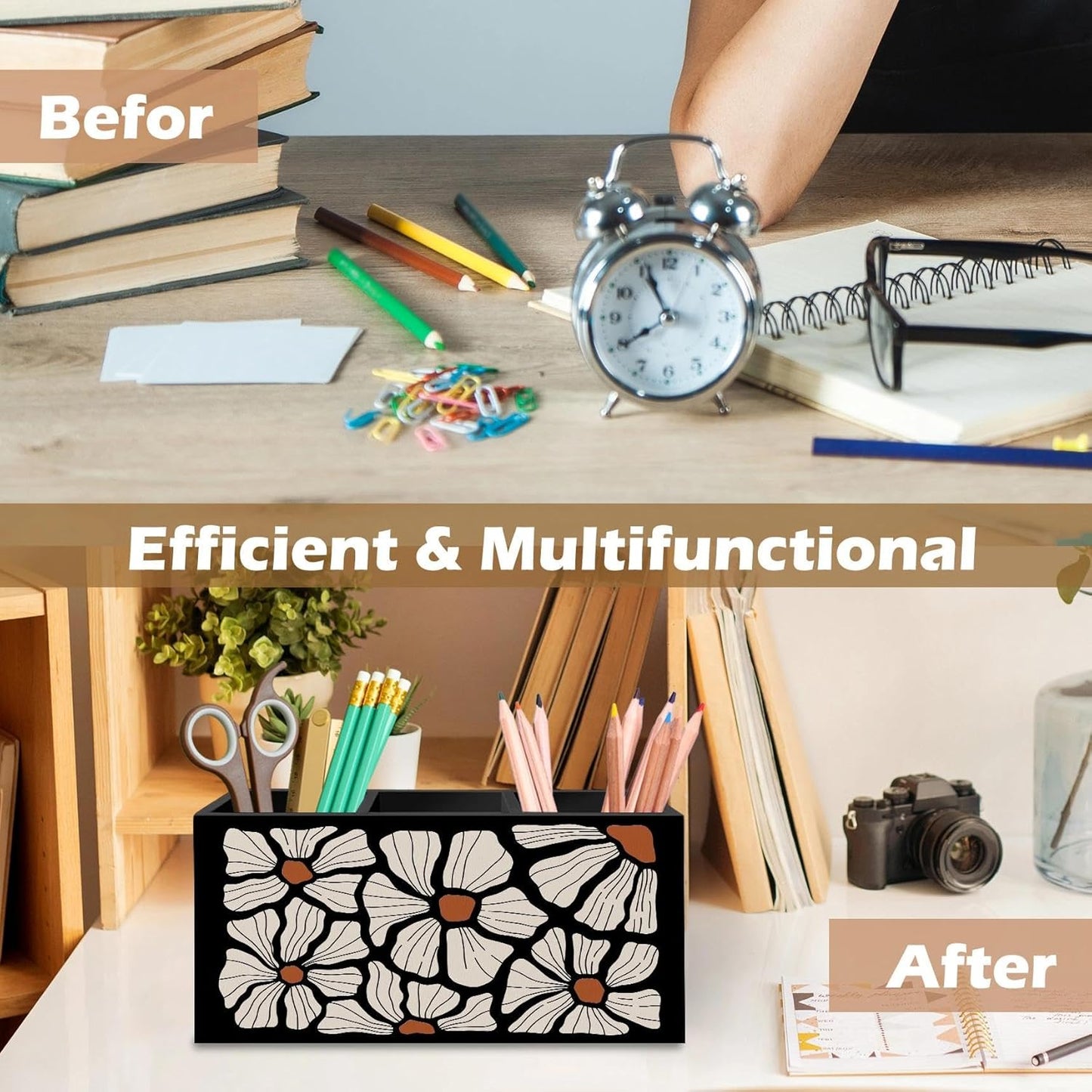 DILSJ Boho Abstract Floral Pen Pencil Holder Organizer for Desk, Boho Office Decor, Black and Beige Abstract Flower Wooden Box Signs for Home Office Desk Tabletop Decoration