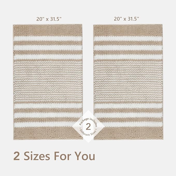 Tindbea Bathroom Rugs Set 2 Piece, Extra Soft and Absorbent Fluffy Striped Chenille Bath Mat Rug Set, Non Slip Bathroom Floor Mat, Machine Washable (20" x 32" Plus 20" x 32", Khaki)