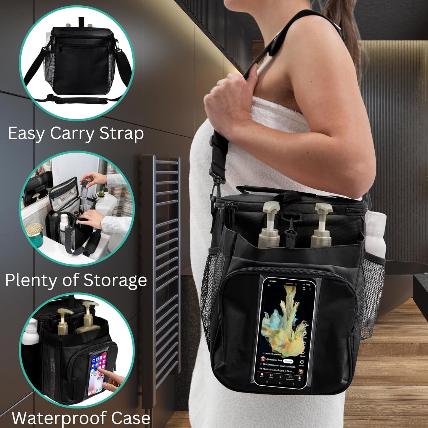 Portable XL Shower Caddy Bag - College Dorm Room Essentials for Men, Women, Students - Foldable, Water Resistant with Hanging Keychain Hook and Shoulder Strap Shower Organizer Bag (Black)