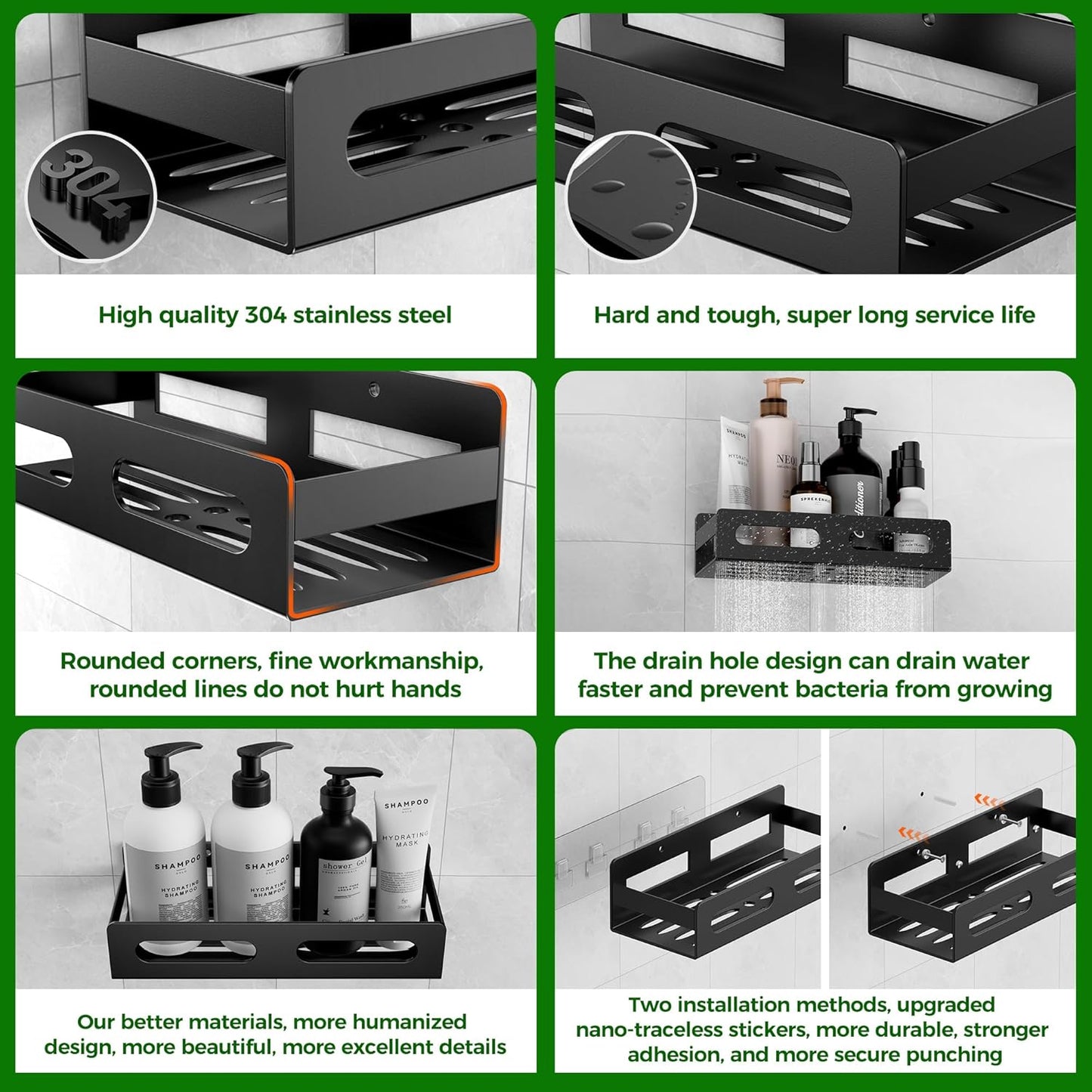 SUS 304 Stainless Steel Shower Caddy,Thickened,Strong And Large Capacity No Rust Shower Organizer,No Drilling/Sleek Bathroom Shower Shelves For Bathroom Storage,Kitchen,Living Room (Black)