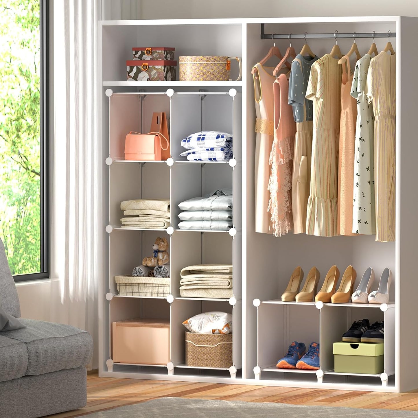 Neprock 16 Cubby Storage Organizer, Closet Clothes Storage Organizer, Cube Shelves Closet Organizers and Storage Shelves for Clothing Storage with Hammer, Bookshelf for Kids (White)